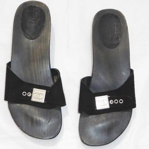 Chanel Sandals Black CC Mules Wooden Clogs